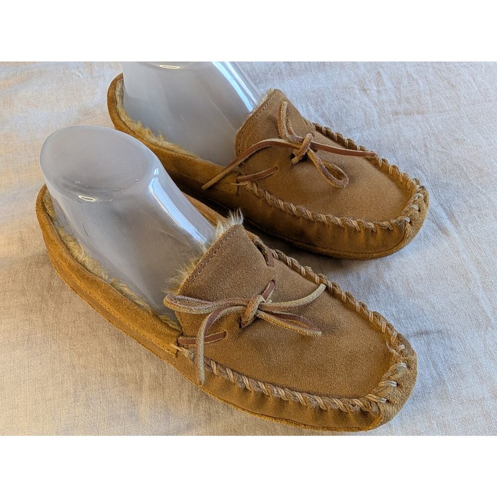 LL Bean Kids Suede Moccasin Slipper Sherpa Lined Tan Brown Cozy Size 6
